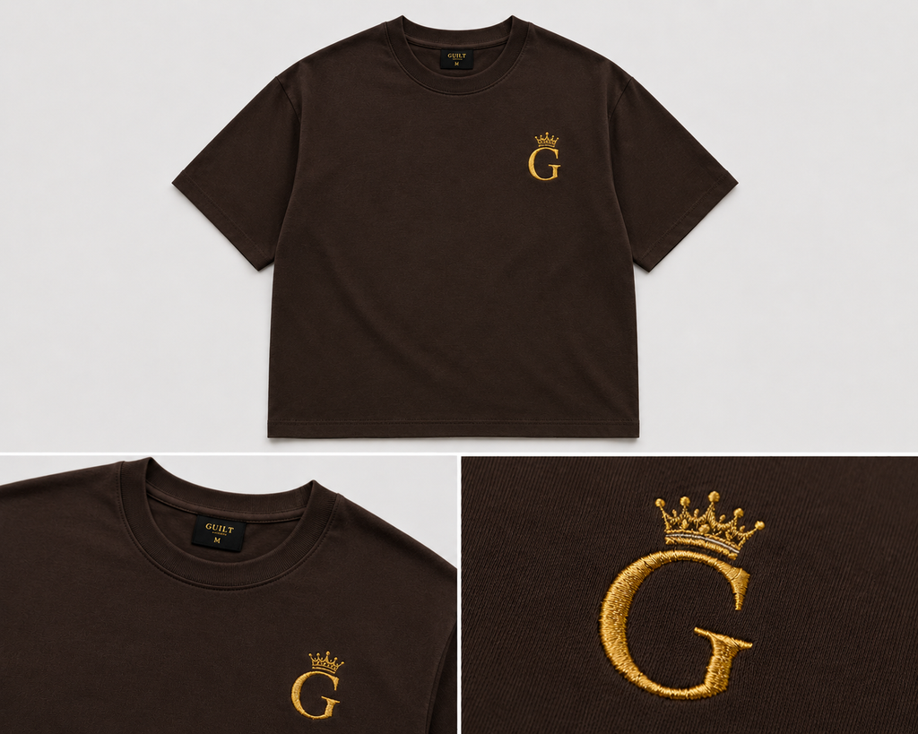 GUILT BROWN TEE / GOLD EMBROIDERY